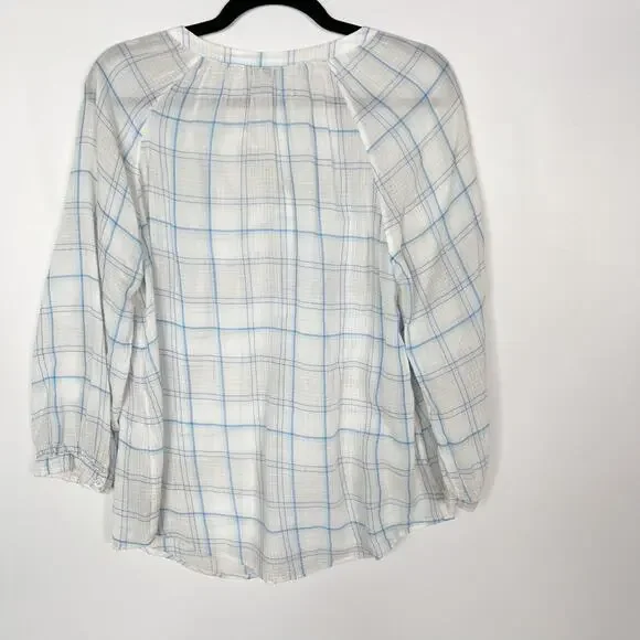 Joie S Ivory Blue Selima Plaid 3/4 Sleeve Blouse Top Split VNeck Button Cotton - Picture 2 of 11